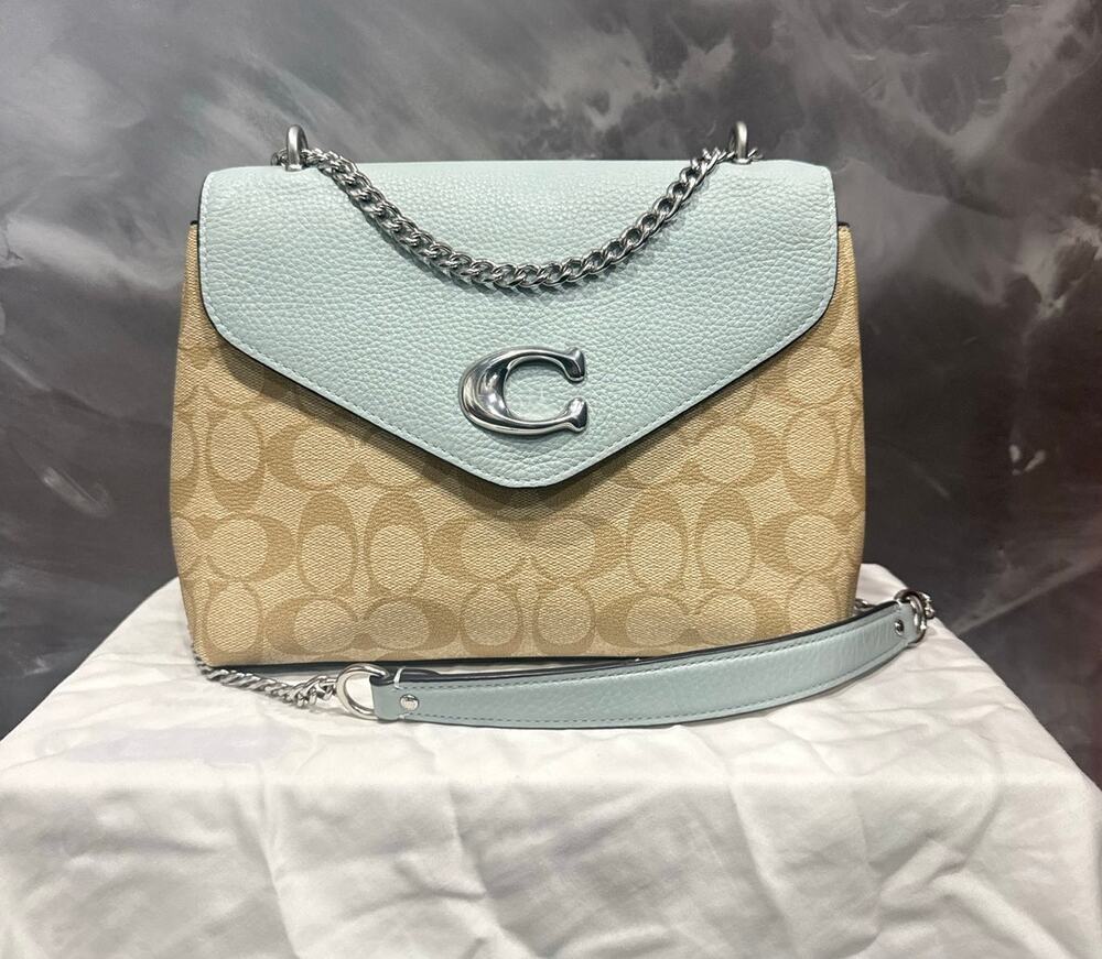 Coach Tammie Shoulder Bag in Signature Canvas Khaki Teal Chain Strap C6784